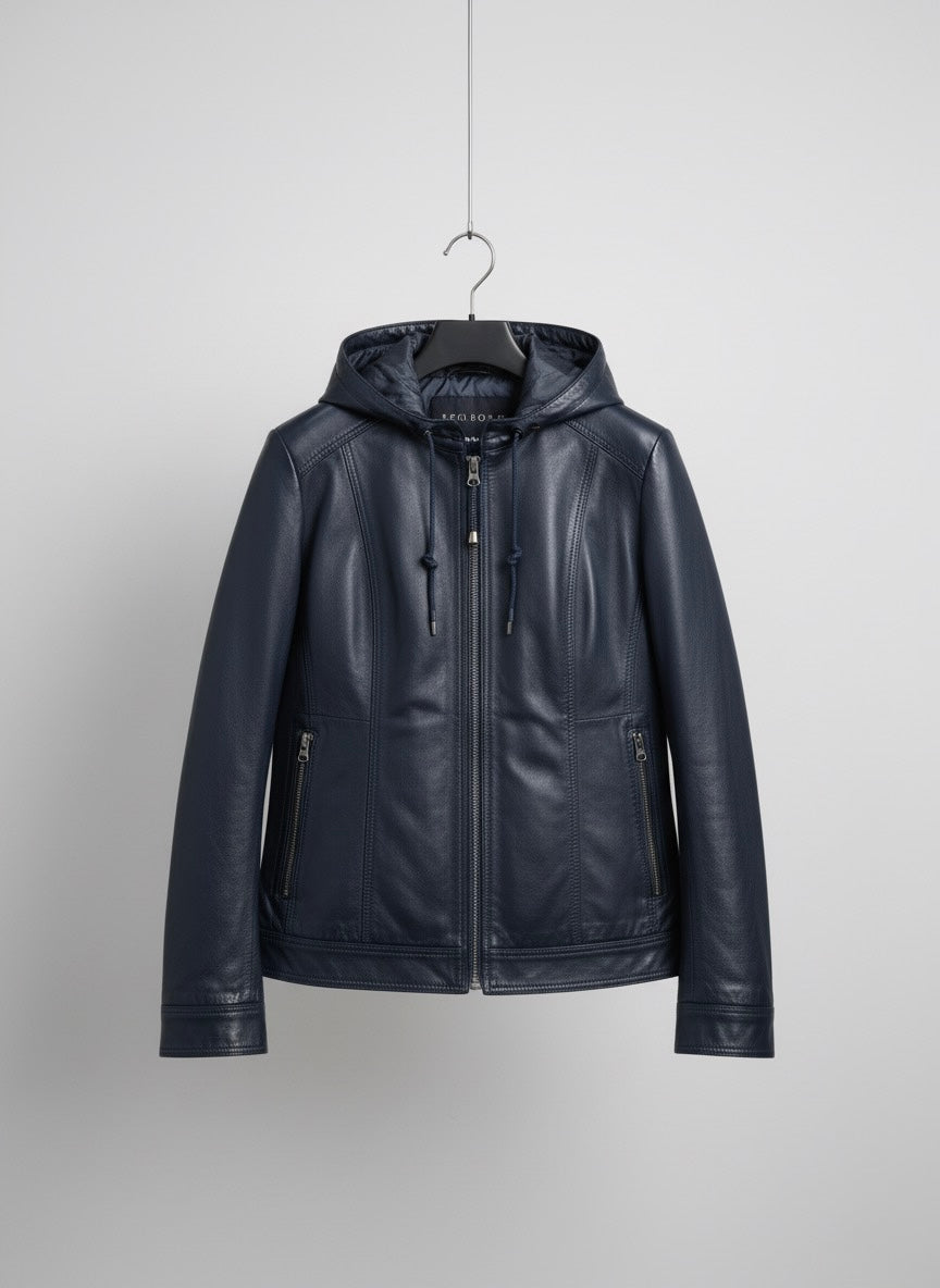 Midnight Navy Hooded Leather Jacket