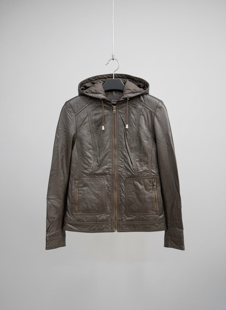 Charcoal Brown Hooded Leather Jacket