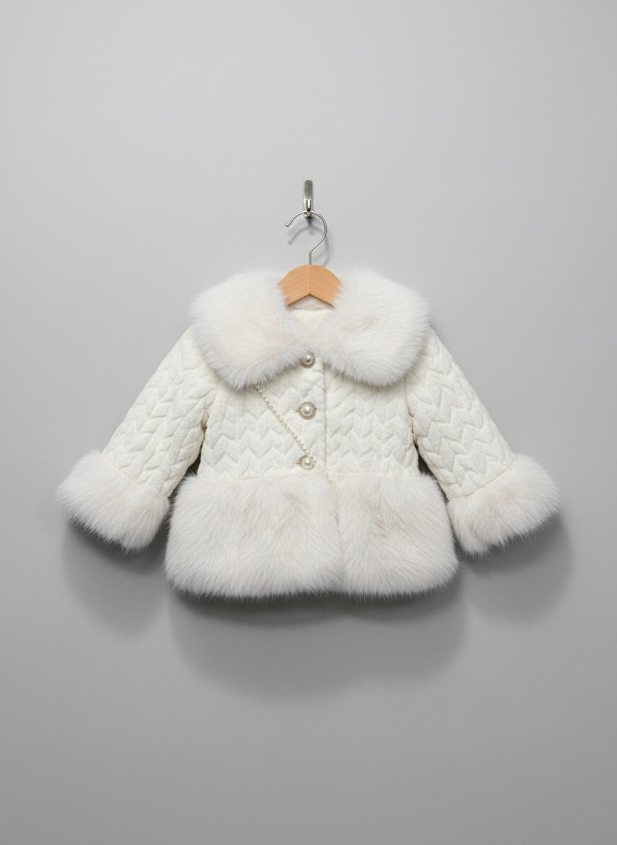 Cable-Textured Coat with Mauve Fur Collar & Heart Purse