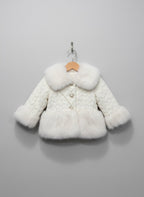 Cable-Textured Coat with Mauve Fur Collar & Heart Purse