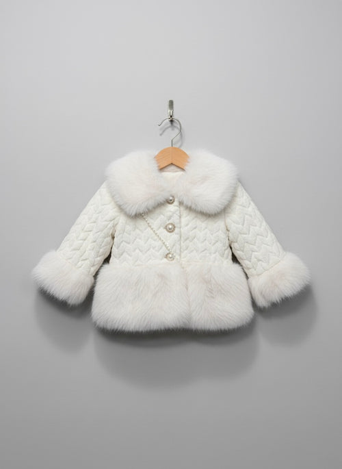 Cable-Textured Coat with Mauve Fur Collar & Heart Purse