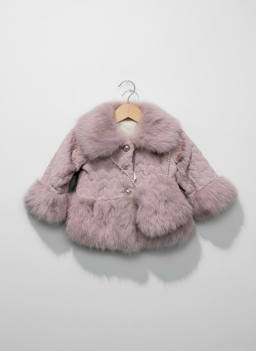 Cable-Textured Coat with Mauve Fur Collar & Heart Purse