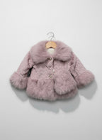 Cable-Textured Coat with Mauve Fur Collar & Heart Purse