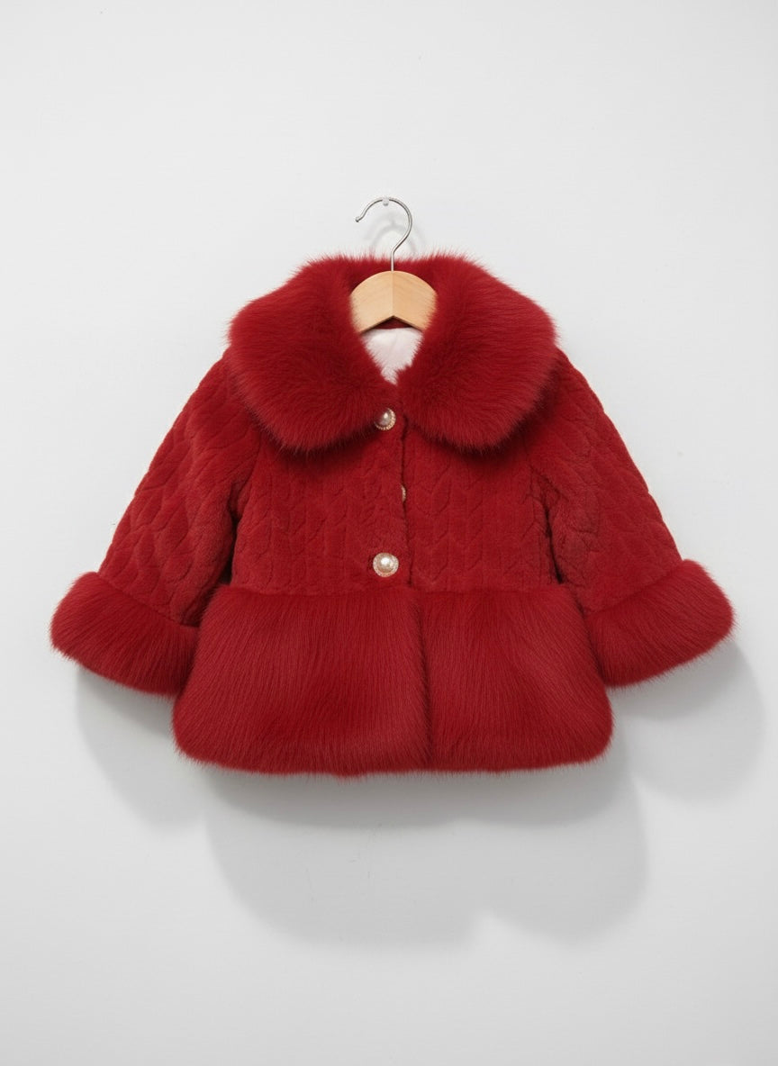 Cable-Textured Coat with Mauve Fur Collar & Heart Purse