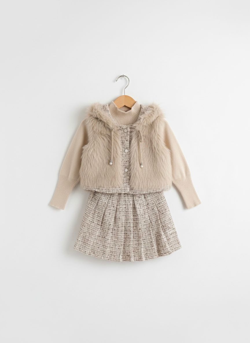 Winter Elegance 3-Piece Tweed & Faux-Fur Set