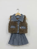 Mini Explorer Faux-Fur & Denim Pleated Set